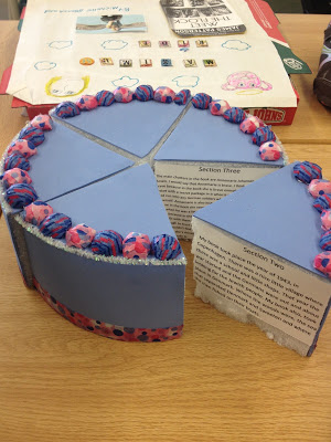 A purple birthday cake performed out of a foam block and biased paper cut into wedges. On any squeeze is a written paragraph.